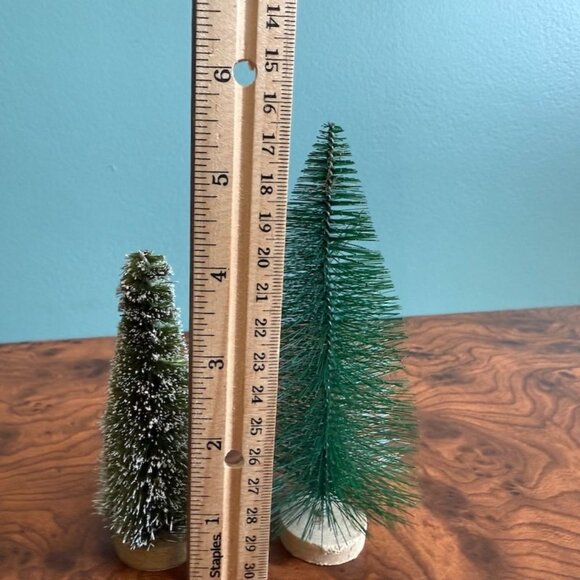 Vintage Bottle Brush Trees Set Of 2 Green & Frosted Snow Decorative Holiday Deco - Picture 5 of 8